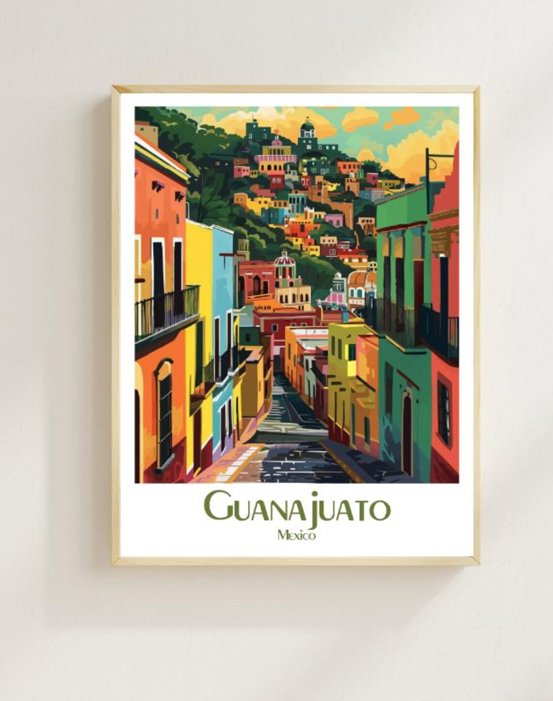 Guanajuato Mexico Colorful Hillside City Street Retro Art Poster