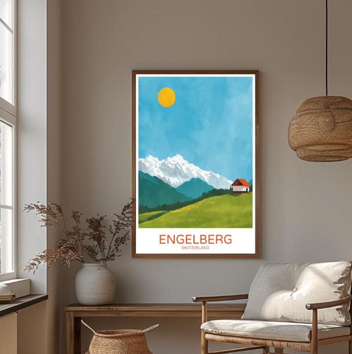 Engelberg Switzerland Alpine Cabin Snowy Peak Sunny Meadow Poster - Image 3