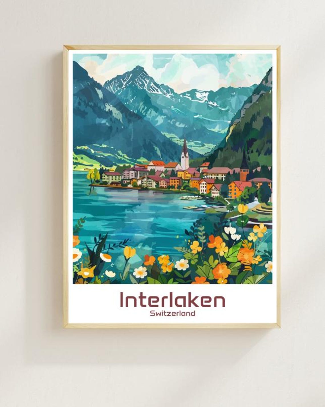 Interlaken Switzerland Alpine Lake Village Mountain Travel Poster