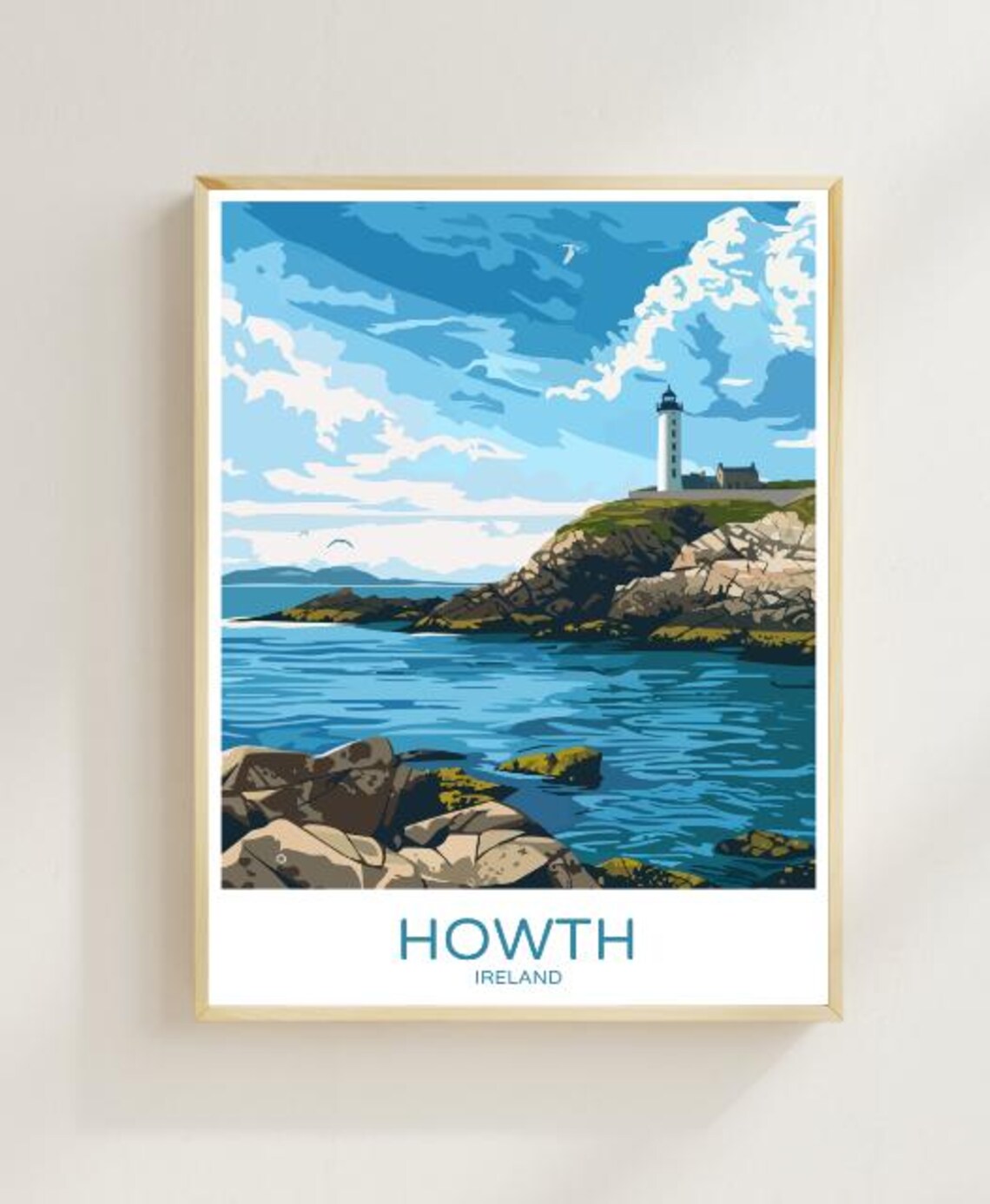 Howth Ireland Lighthouse on Rocky Headland Over the Sea Travel Poster