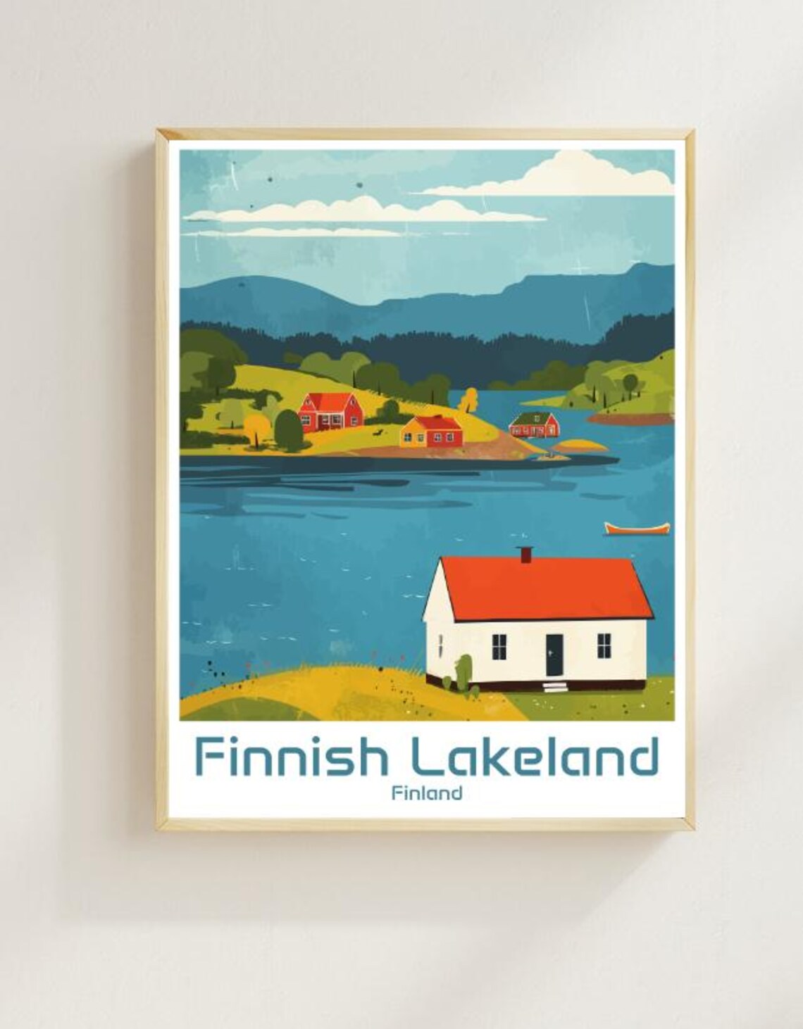 Finnish Lakeland Finland Red Cabins Calm Lake Scenic Travel Poster