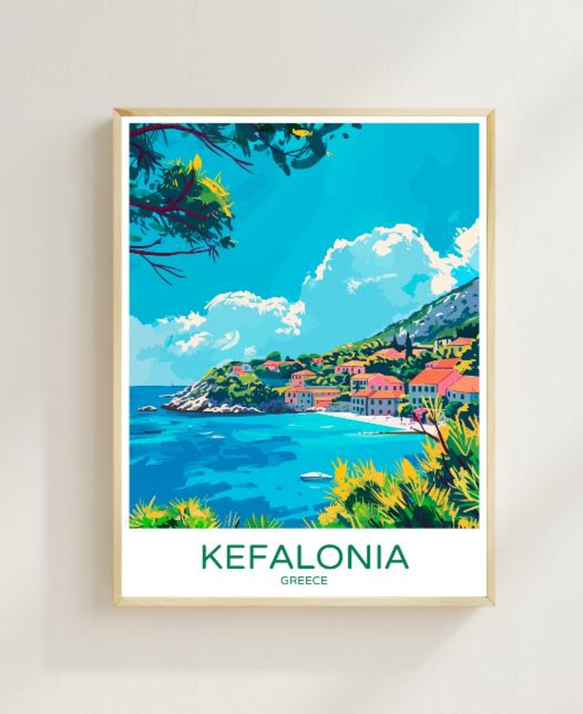 Kefalonia Greece Colorful Seaside Village Sparkling Bay Travel Poster