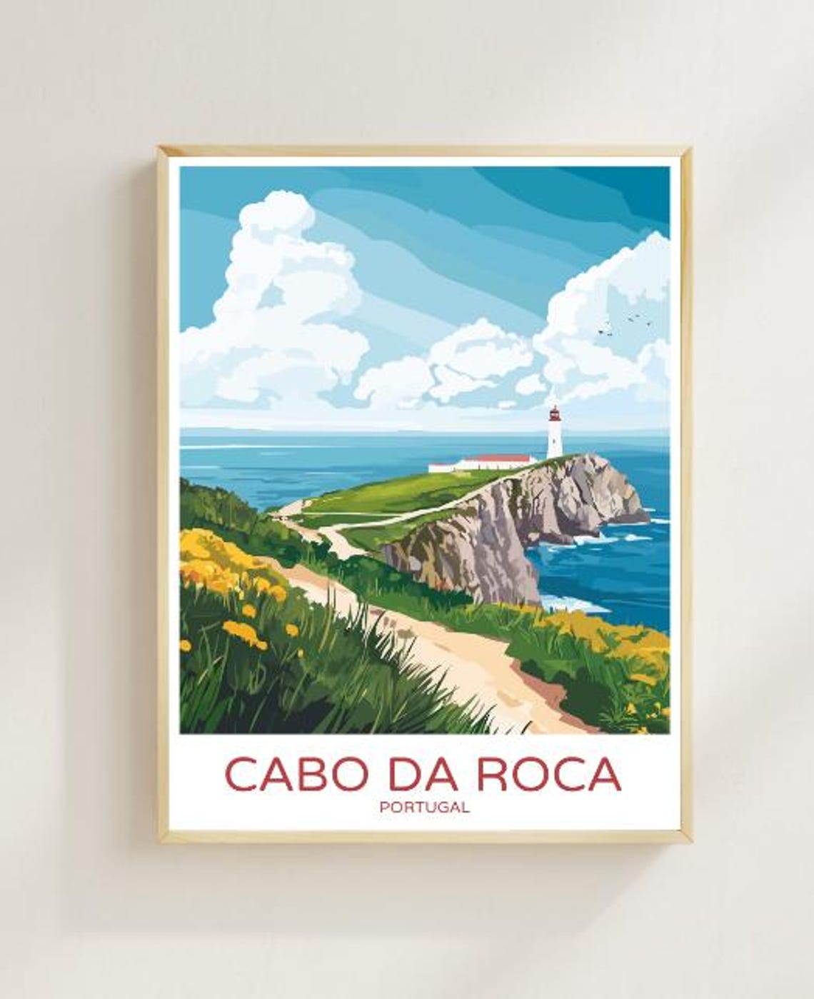 Cabo da Roca Portugal Travel Poster Lighthouse on Dramatic Cliffs