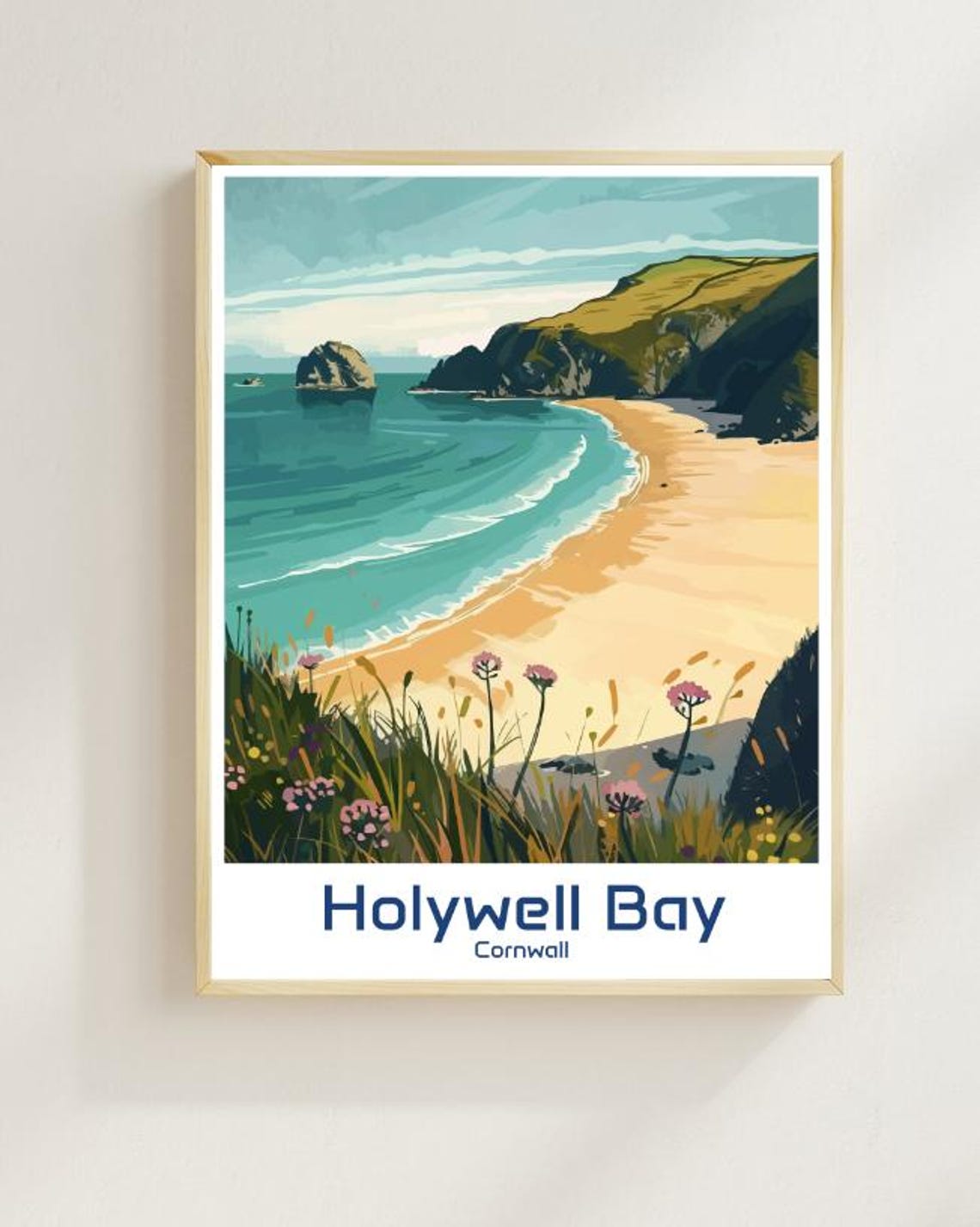 Holywell Bay Cornwall Sea Stacks Beach Wildflower Travel Poster