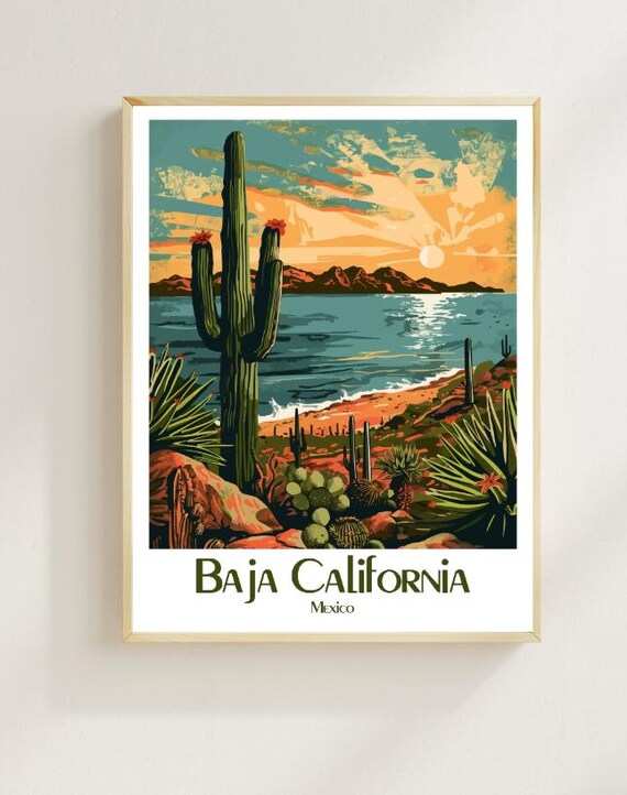 Baja California Mexico Cactus Coast Sunset Vintage Travel Poster
