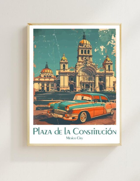 Plaza De La Constitucion Cathedral Vintage Mexico City Travel Poster