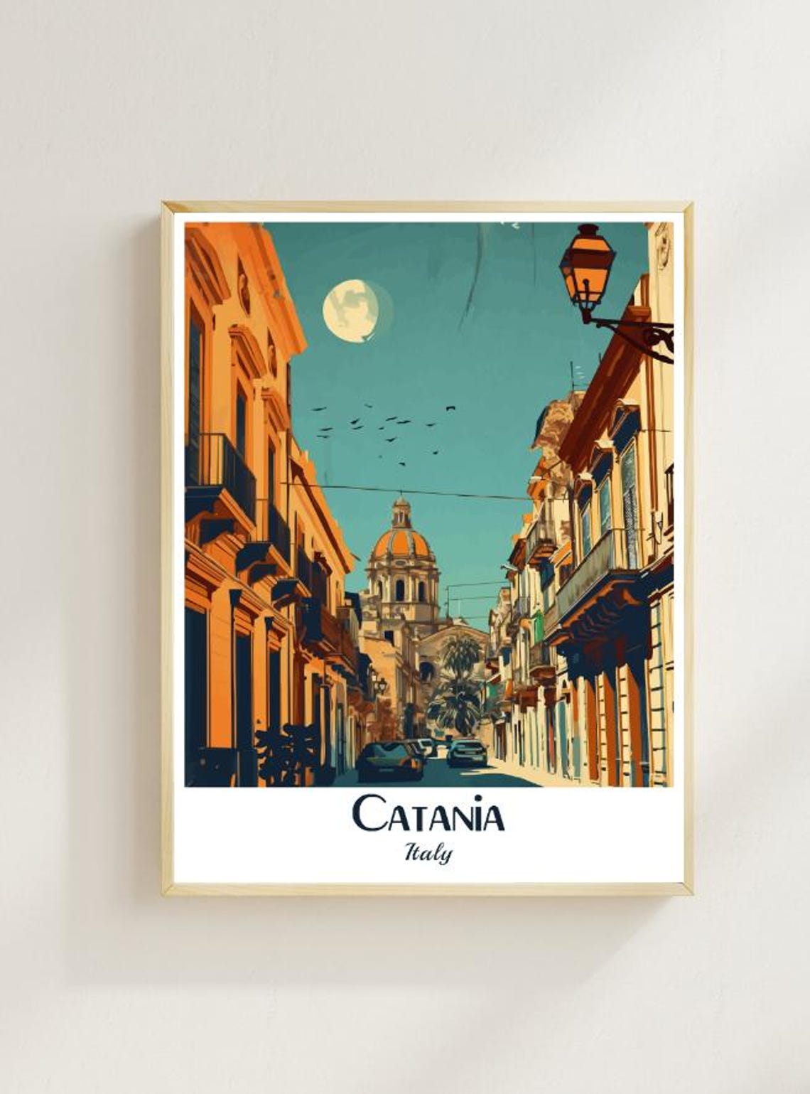 Catania Italy Sicily Moonlit Baroque Street Vintage Travel Poster