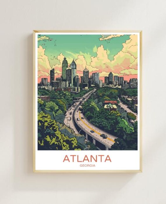 Atlanta Georgia Downtown Skyline Highway Vintage City Travel Poster