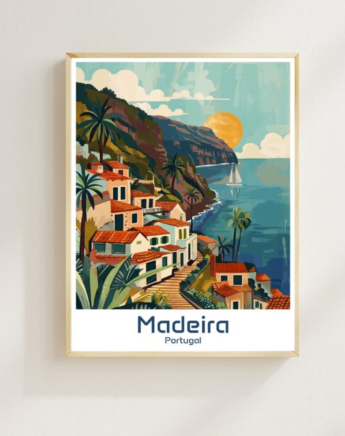 Madeira Portugal Coastal Village Sunset Sailboat Island Travel Poster