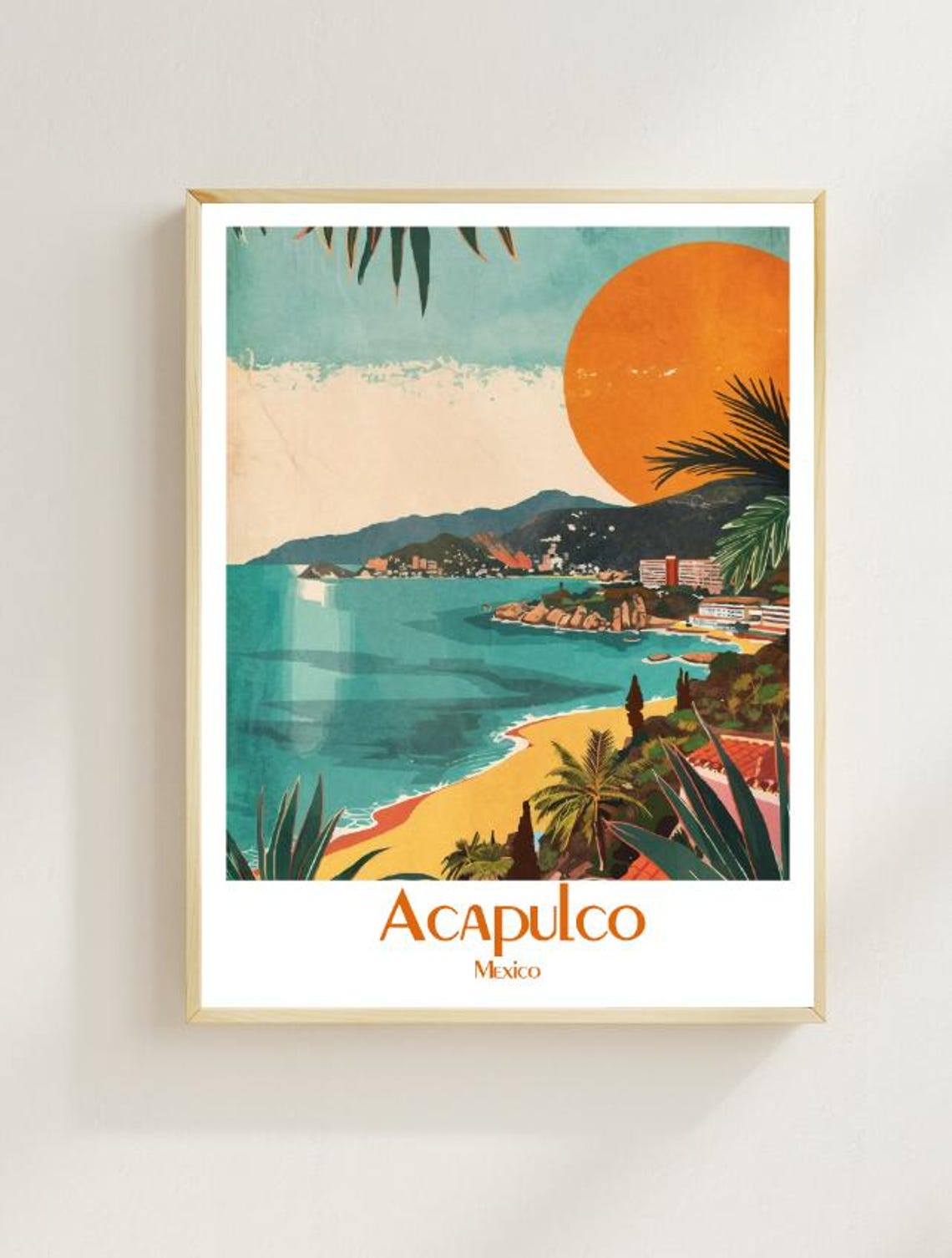 Acapulco Bay Sunset Vintage Beach Scene Mexico Coast Travel Poster