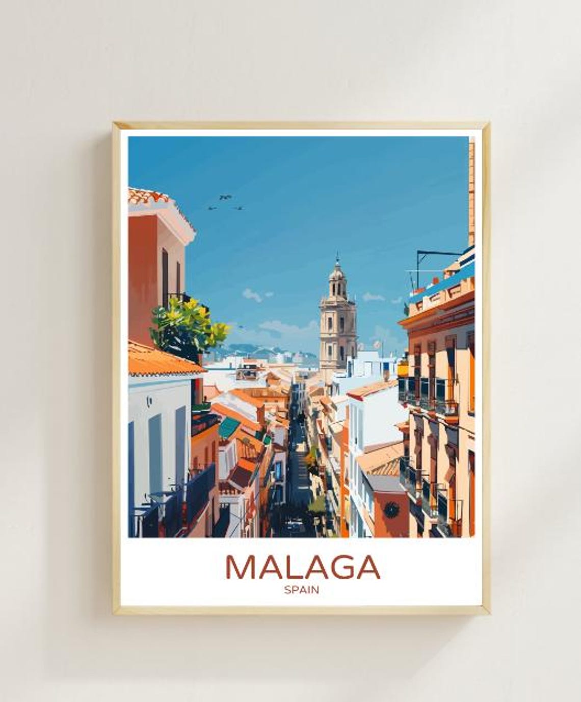 Malaga Spain Travel Poster With Sunlit Rooftops And Church Tower View