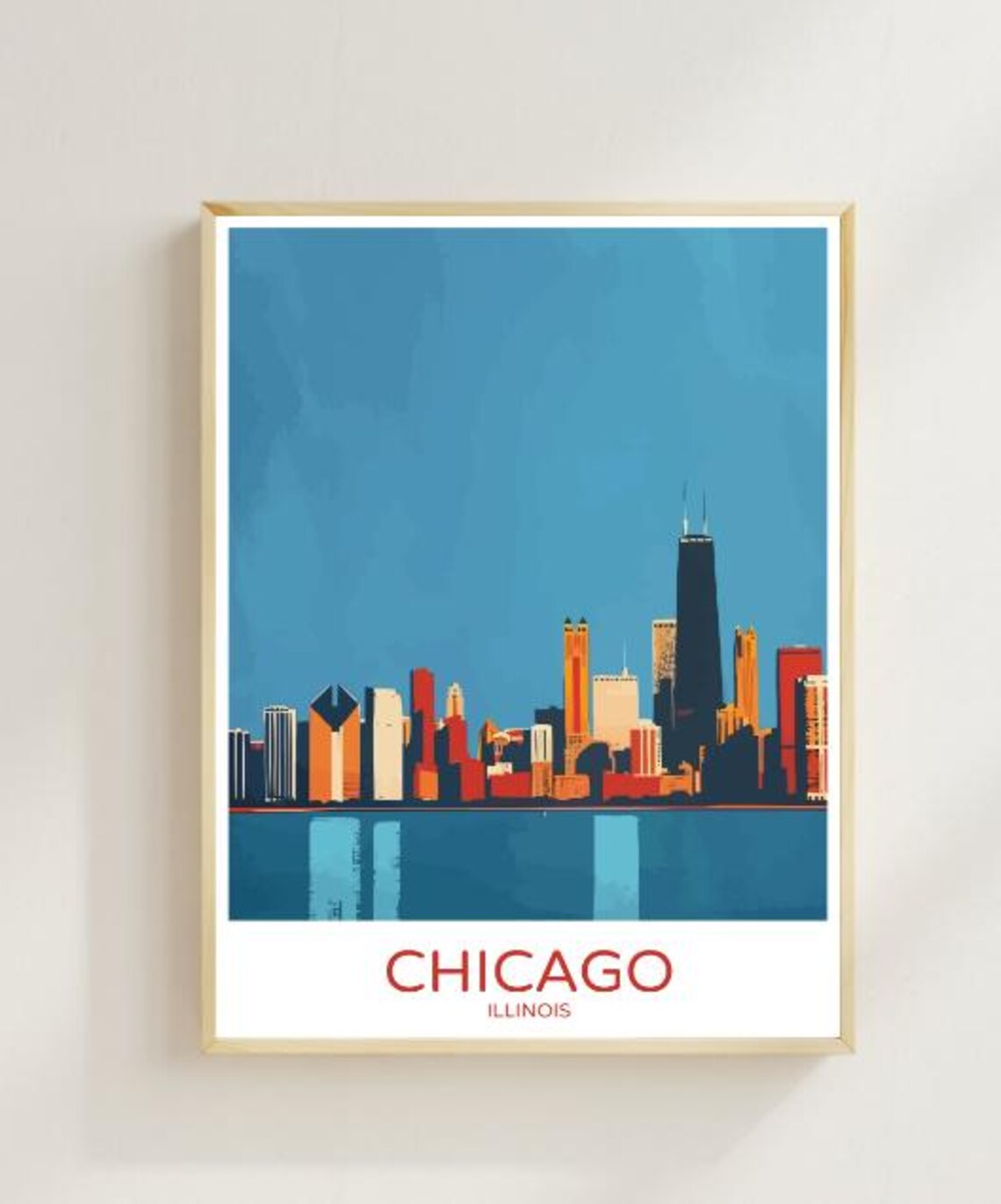 Chicago Illinois Travel Poster Downtown Skyline Over Lake Michigan Art