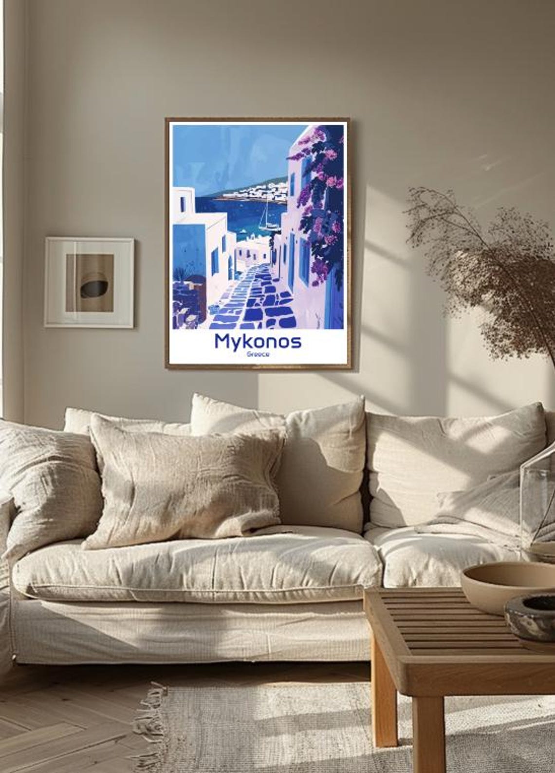 Mykonos Greece Whitewashed Alley Bougainvillea Aegean Sea View Poster - Image 3