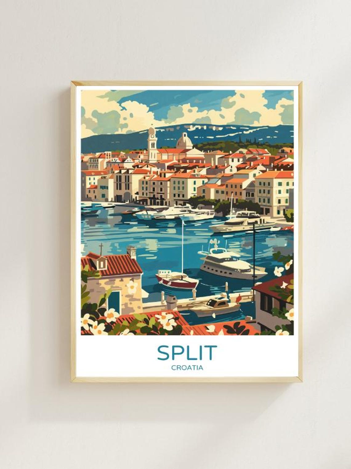 Split Croatia Harbor Travel Poster Adriatic Seafront Marina Cityscape