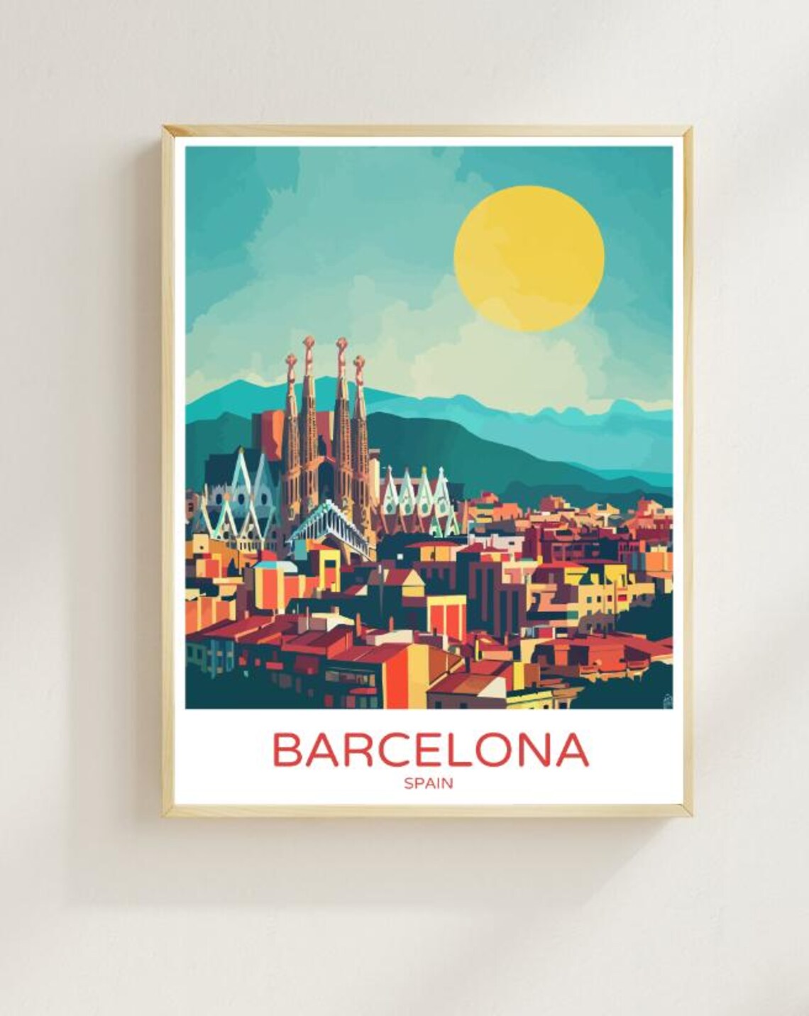 Barcelona Spain Sagrada Familia Sun Cityscape Travel Poster Gift Idea