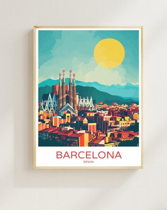 Barcelona Spain Sagrada Familia Sun Cityscape Travel Poster Gift Idea