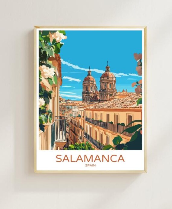 Salamanca Spain Travel Poster Golden Old Town and Twin Domes
