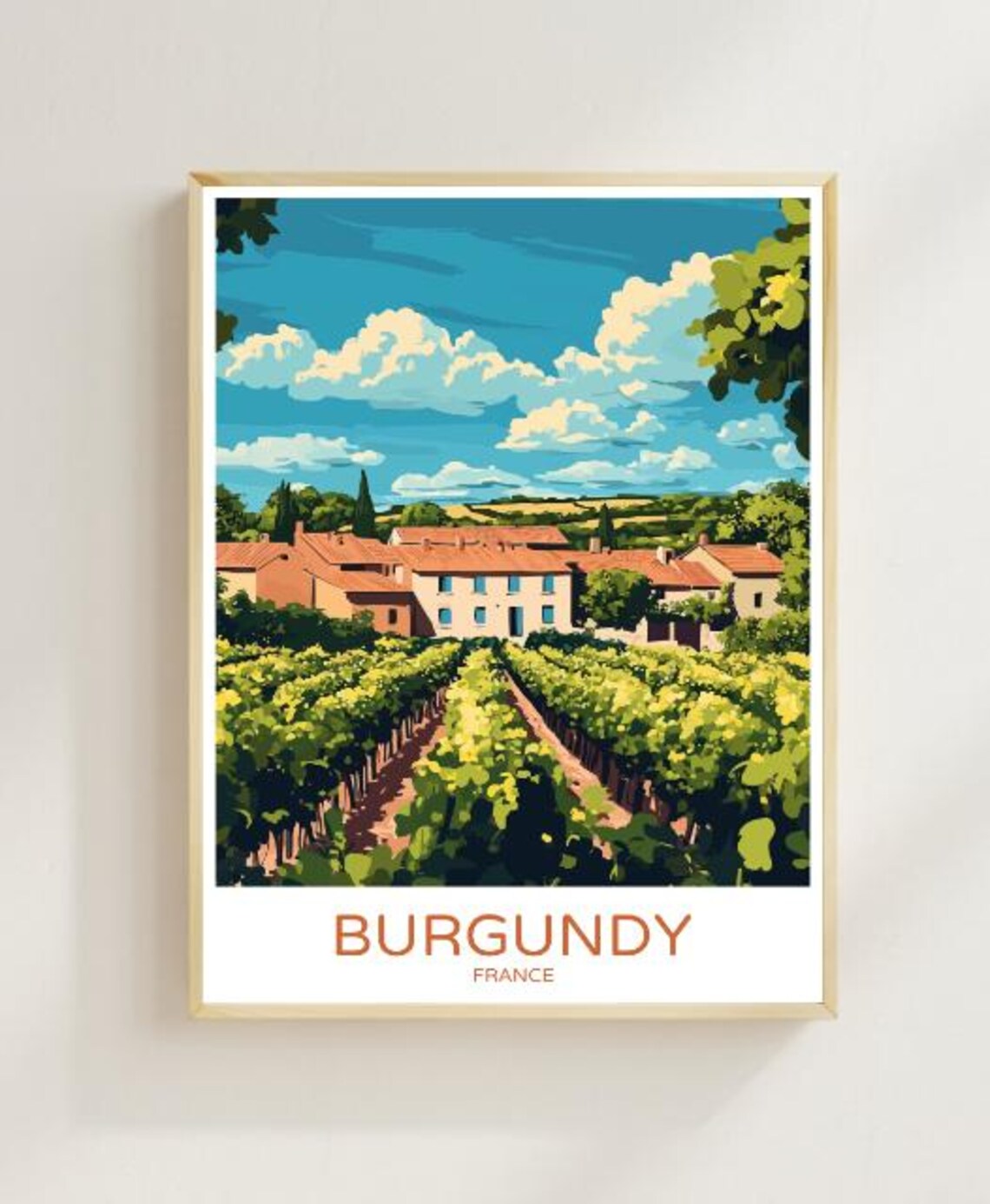 Burgundy France Travel Poster Rolling Vineyards and Rustic Farmhouse