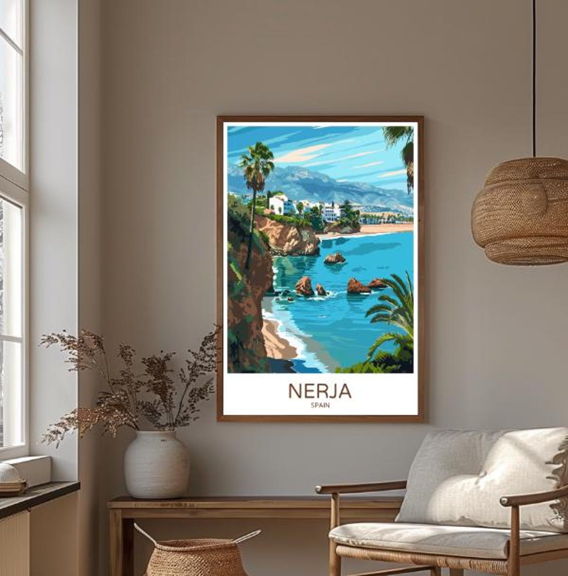Nerja Spain Travel Poster Turquoise Cove Cliffs Palm Beach View Decor - Image 3