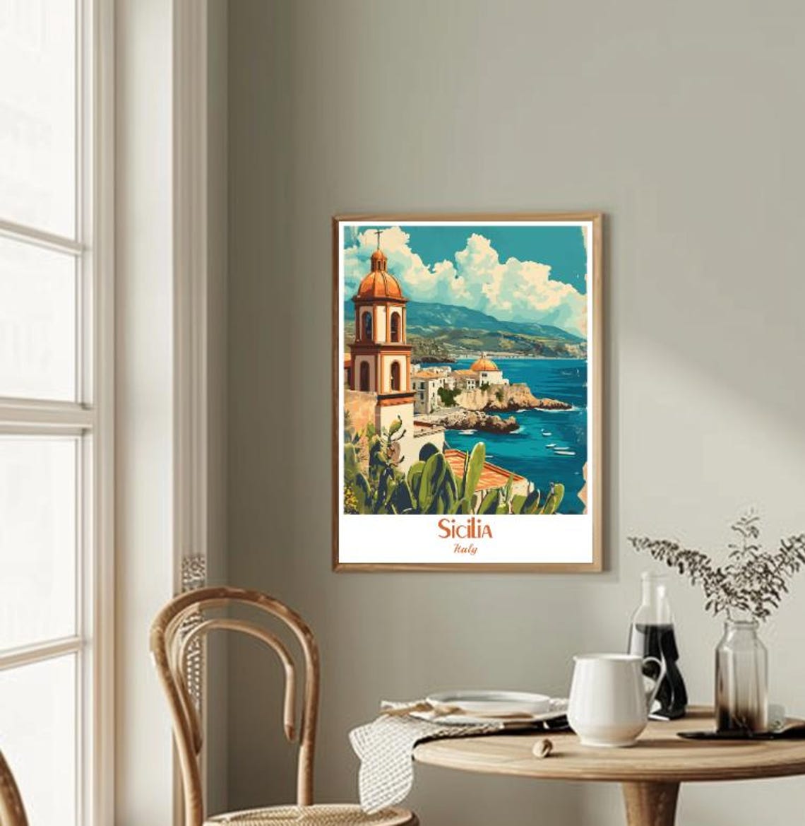Sicilia Italian Coastal Bell Tower Cactus Seaside Town Poster - Image 2