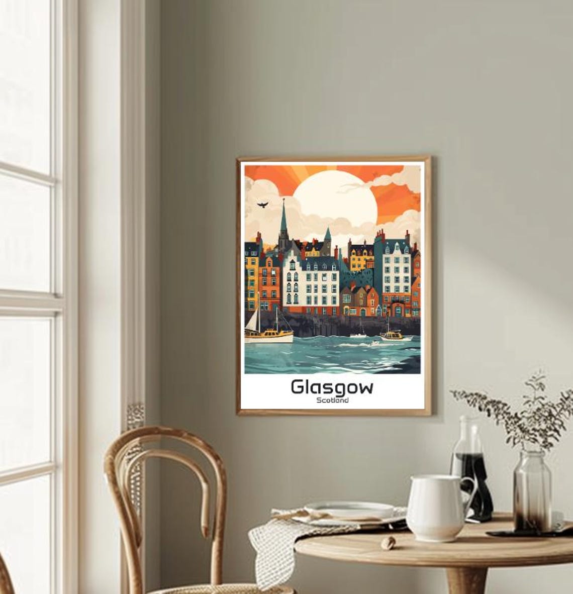 Glasgow Scotland Harbor Sunset Illustrated Waterfront Travel Poster - Image 2