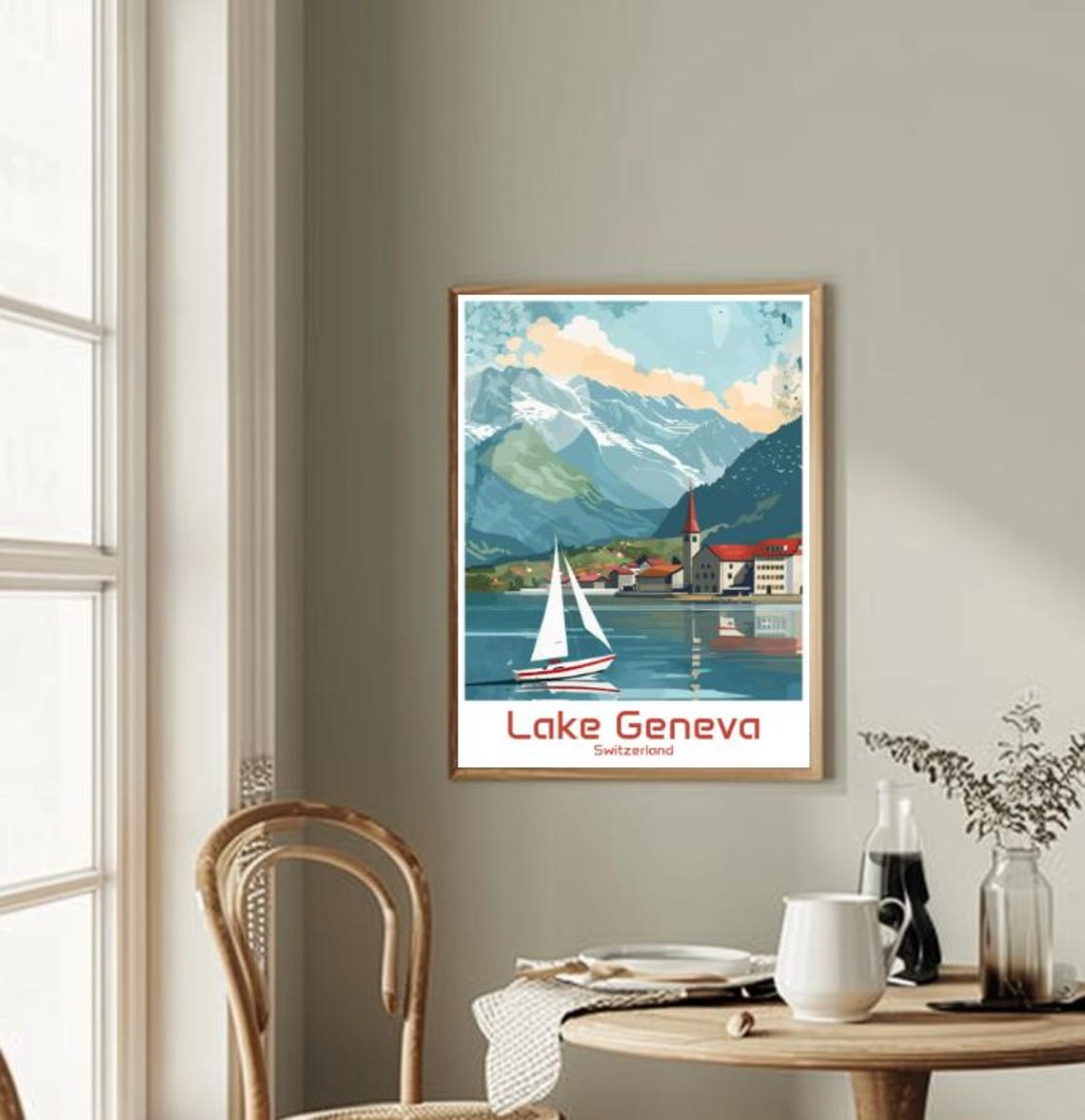 Lake Geneva Switzerland Sailboat Alpine Lake Illustrated Poster - Image 2