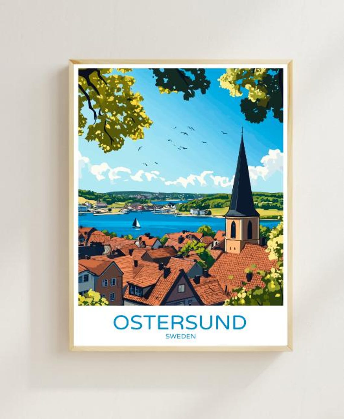 Ostersund Sweden Travel Poster Scenic Wall Art Of Lake Storsj And Swedish Landscape Sweden Travel Print Nordic Decor