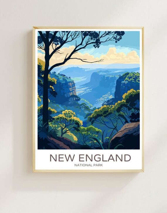 New England National Park Blue Valley Forest Vintage Travel Poster