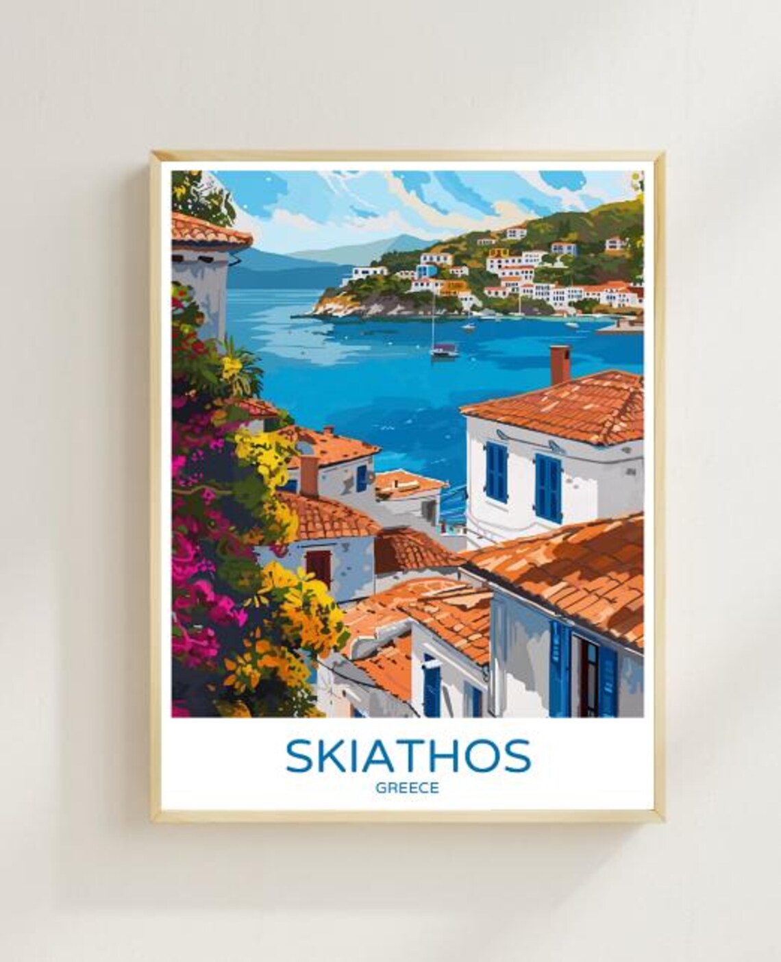 Skiathos Greece Aegean Harbor Hillside Village Vintage Travel Poster
