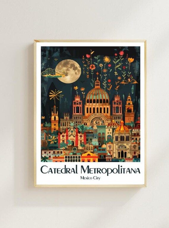 Catedral Metropolitana Mexico City Moonlit Folk Art Travel Poster