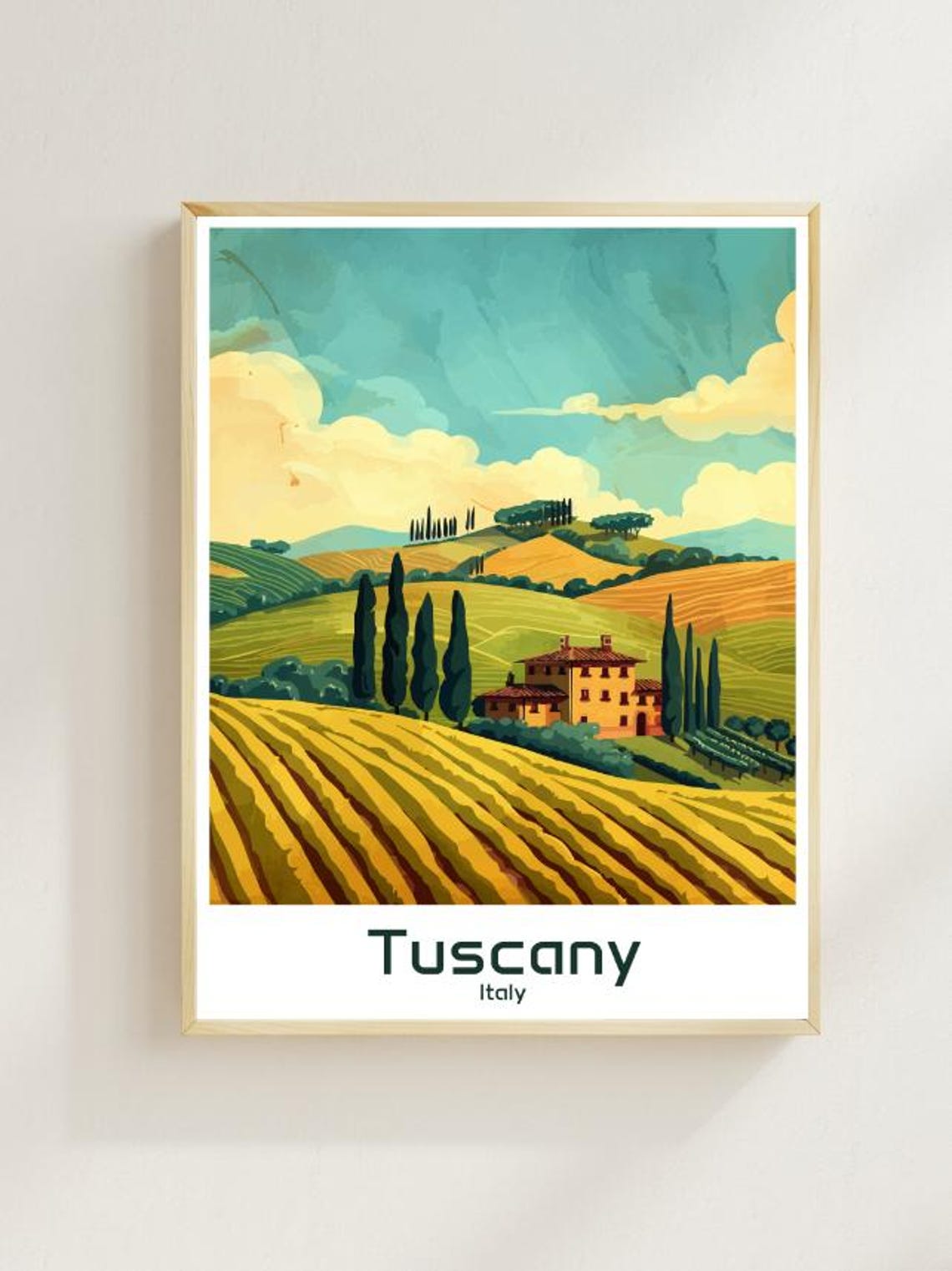 Tuscany Italy Rolling Hills Cypress Villa Vintage Travel Poster
