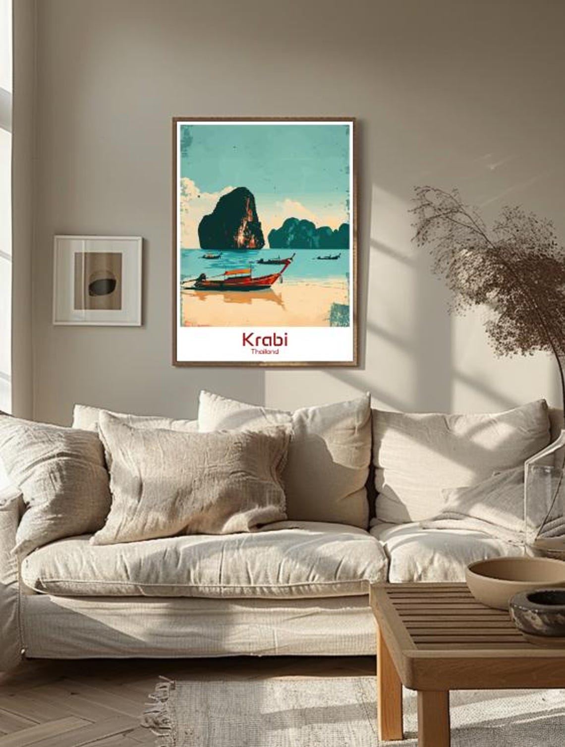 Krabi Thailand Longtail Boats Limestone Cliffs Retro Beach Poster - Image 3