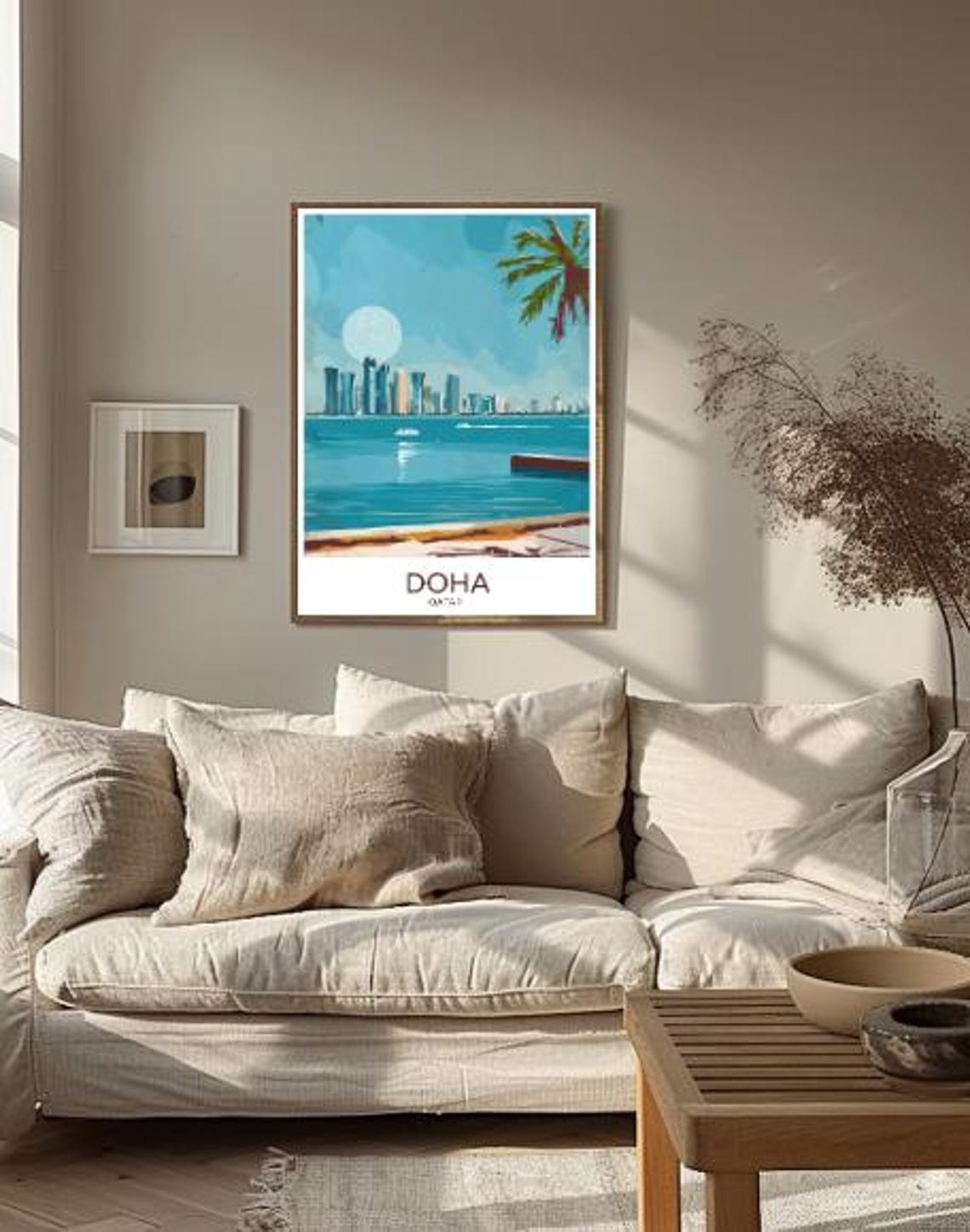 Doha Qatar Travel Poster Waterfront Skyline With Palm And Moon Art - Image 2