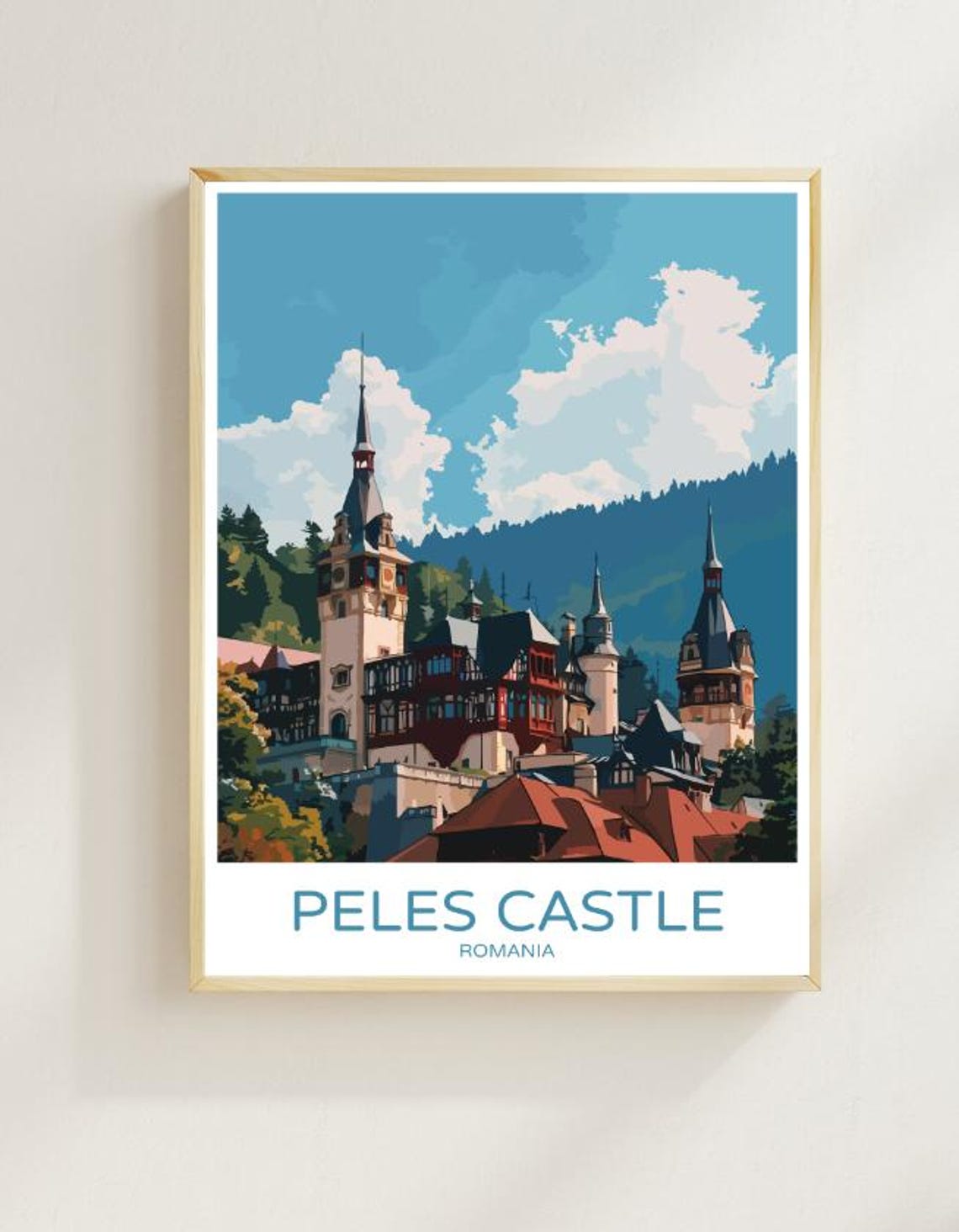 Peles Castle Romania Travel Poster Neo Renaissance Mountain View Art