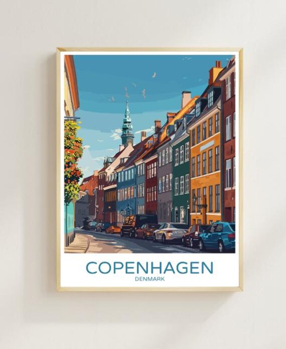 Copenhagen Denmark Colorful Old Street Vintage Travel Poster