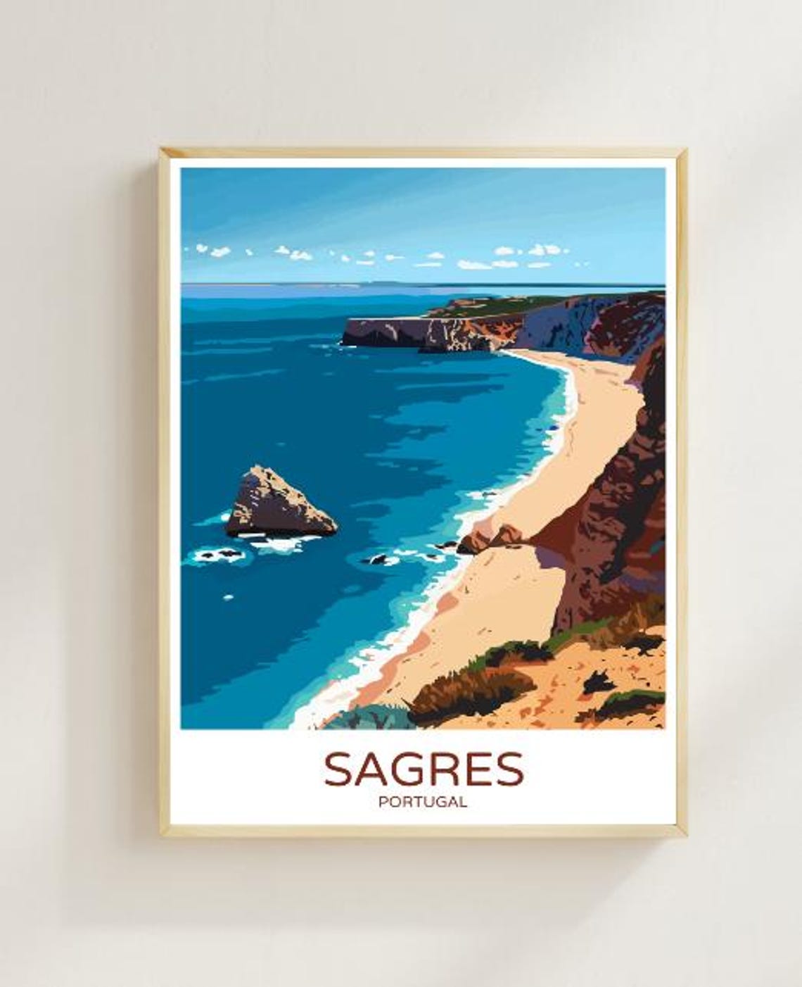 Sagres Portugal Travel Poster Dramatic Sea Cliffs and Golden Beach