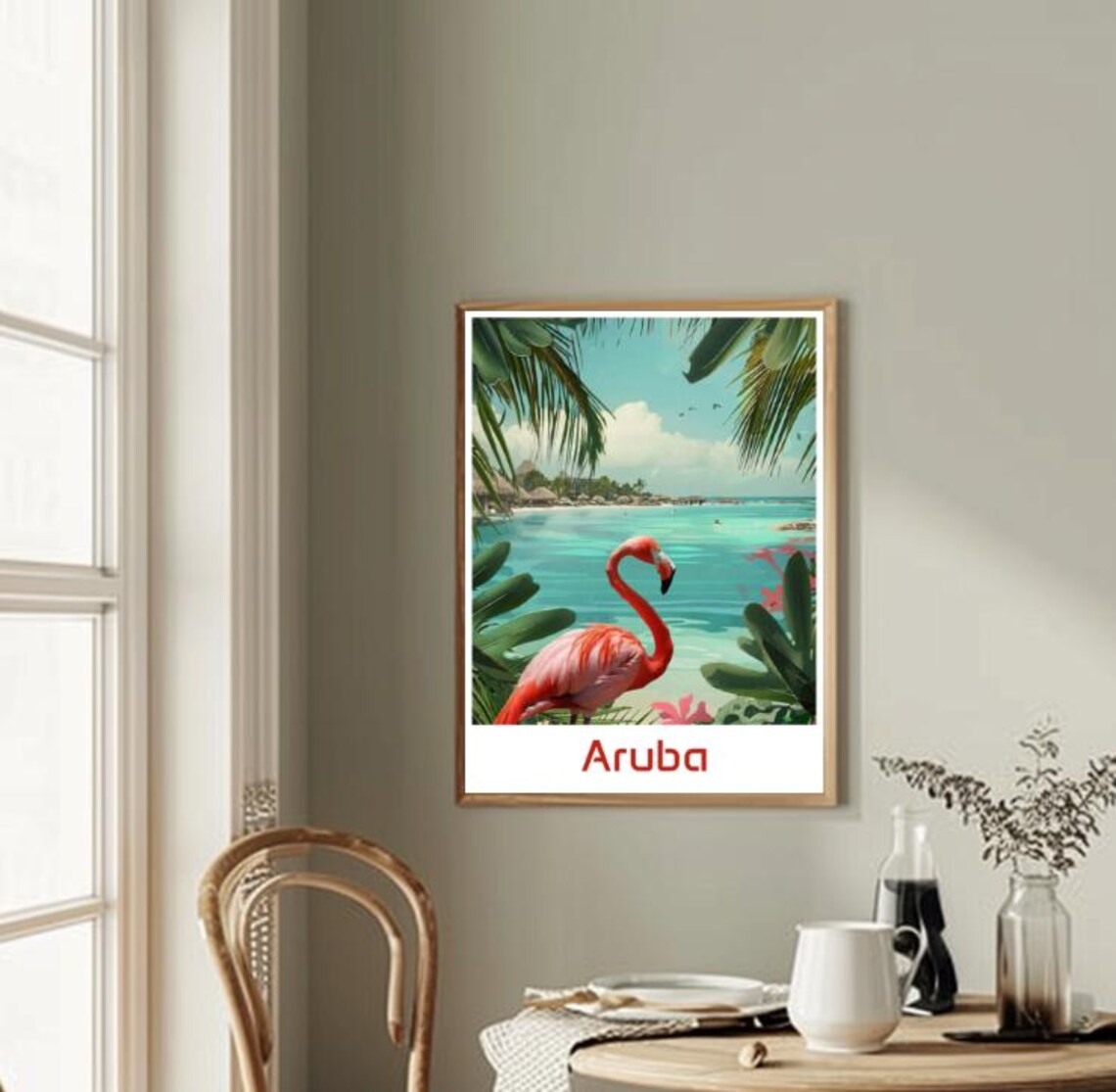 Aruba Pink Flamingo Turquoise Beach Illustrated Travel Poster - Image 2