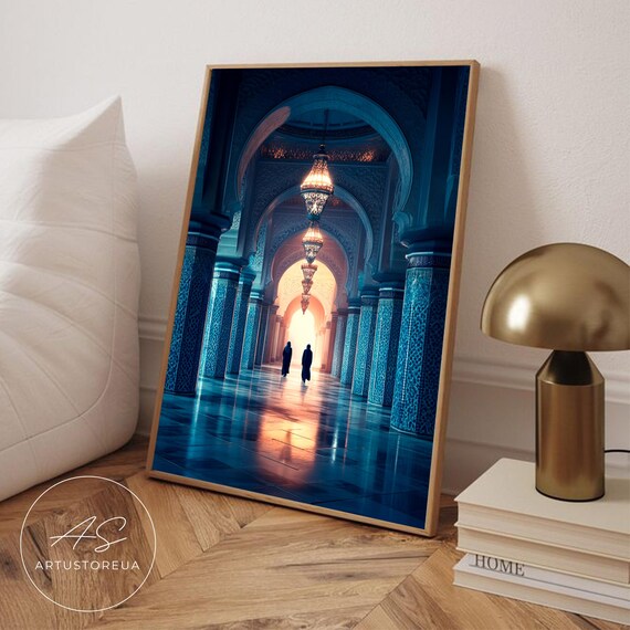Blue Tile Mosque Interior With Glowing Lanterns And Arched Colonnade Poster