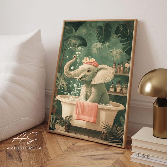 Elephant Bath Art Print Pink Towel Scene Jungle Bathroom Tropical Green Wall Decor Splash
