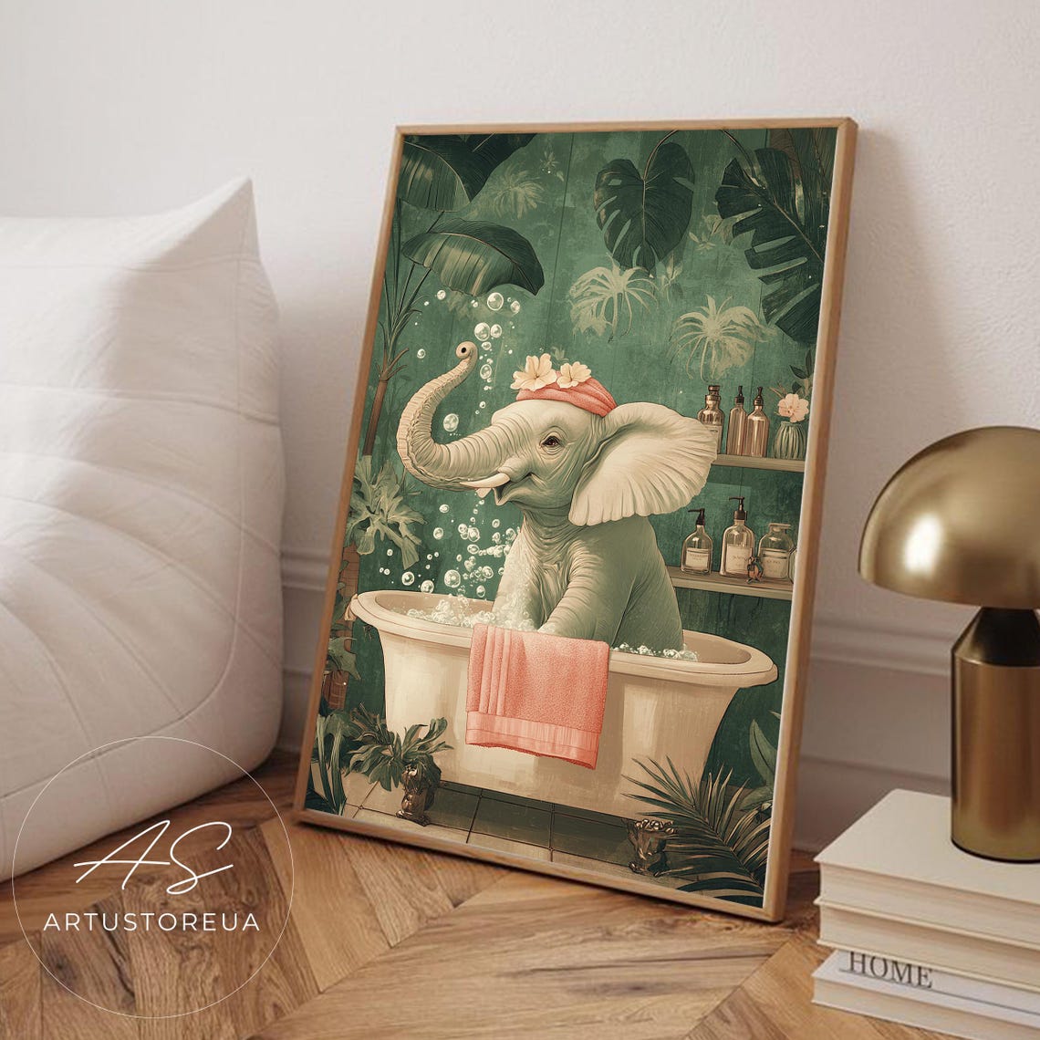 Baby Elephant Bubble Bath With Pink Towel In Tropical Leaf Art Poster