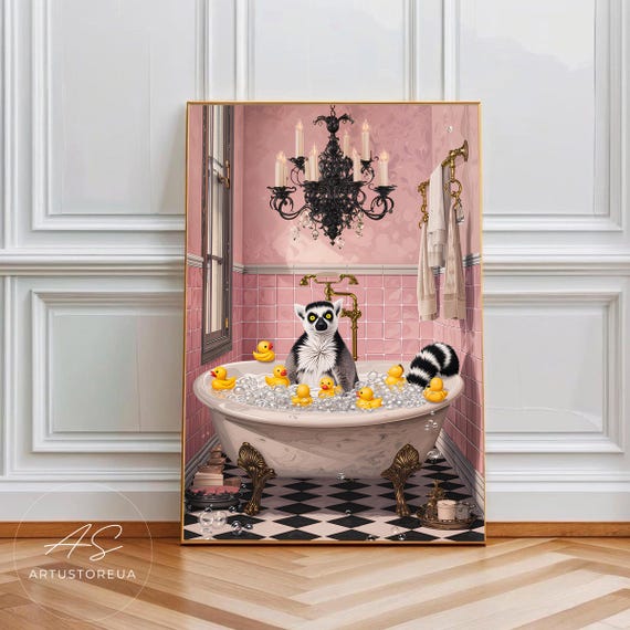 Lemur Bath Print Illustration Of A Relaxed Soaking In Clawfoot Tub Pink Tiled Bathroom Wall Decor Bathtub Animal Art