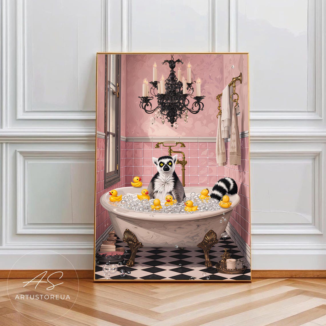 Lemur Bubble Bath With Rubber Ducks Funny Bathroom Art Poster
