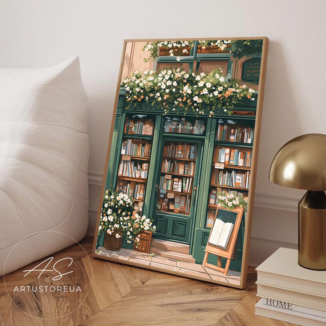 French Bookstore Storefront Illustration Green Facade Book Art Poster