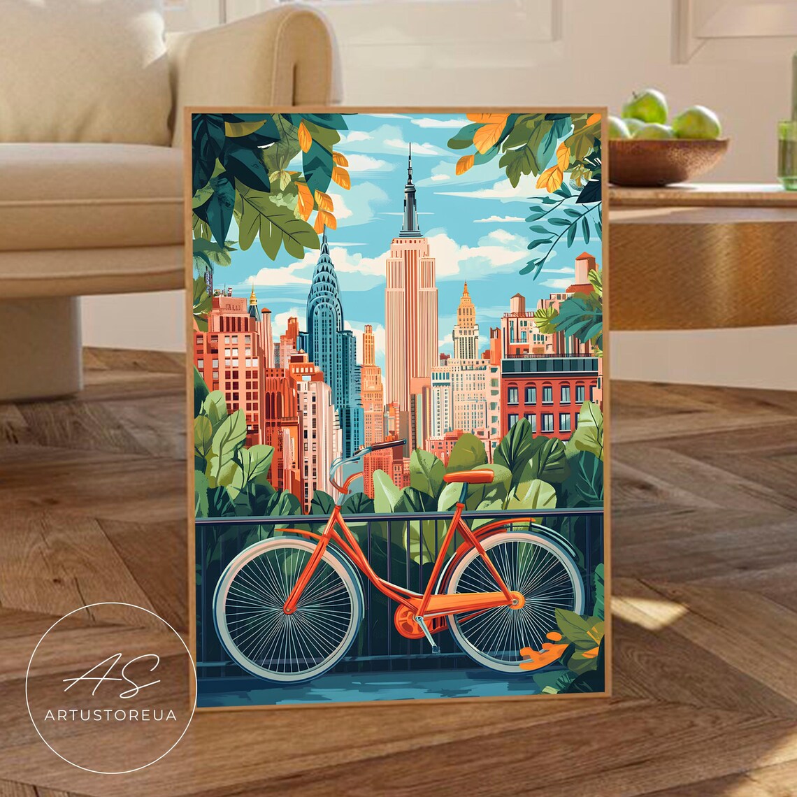New York City Skyline With Bike Travel Poster