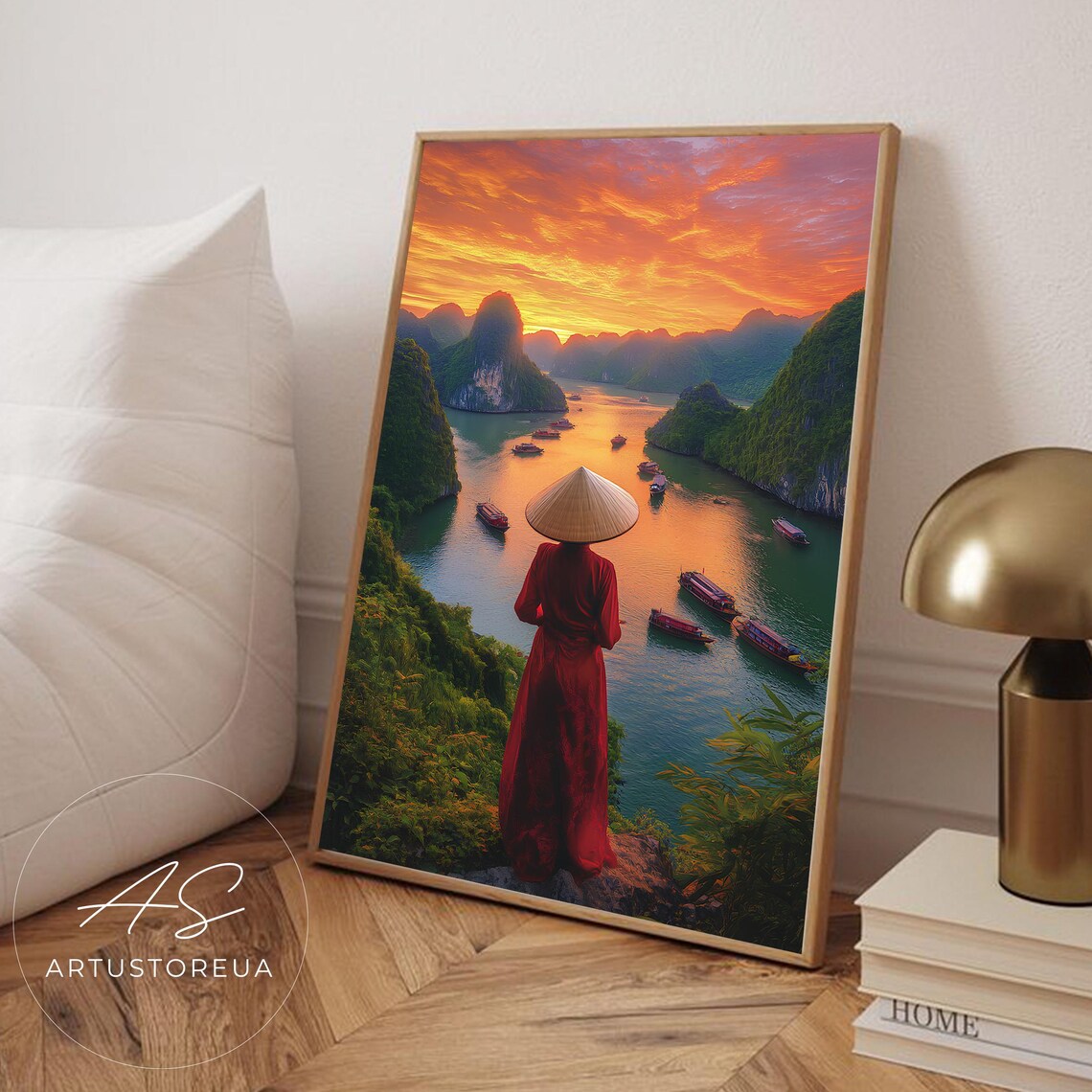 Vietnam Ha Long Bay Sunset Boats Woman Conical Hat Travel Landscape Poster
