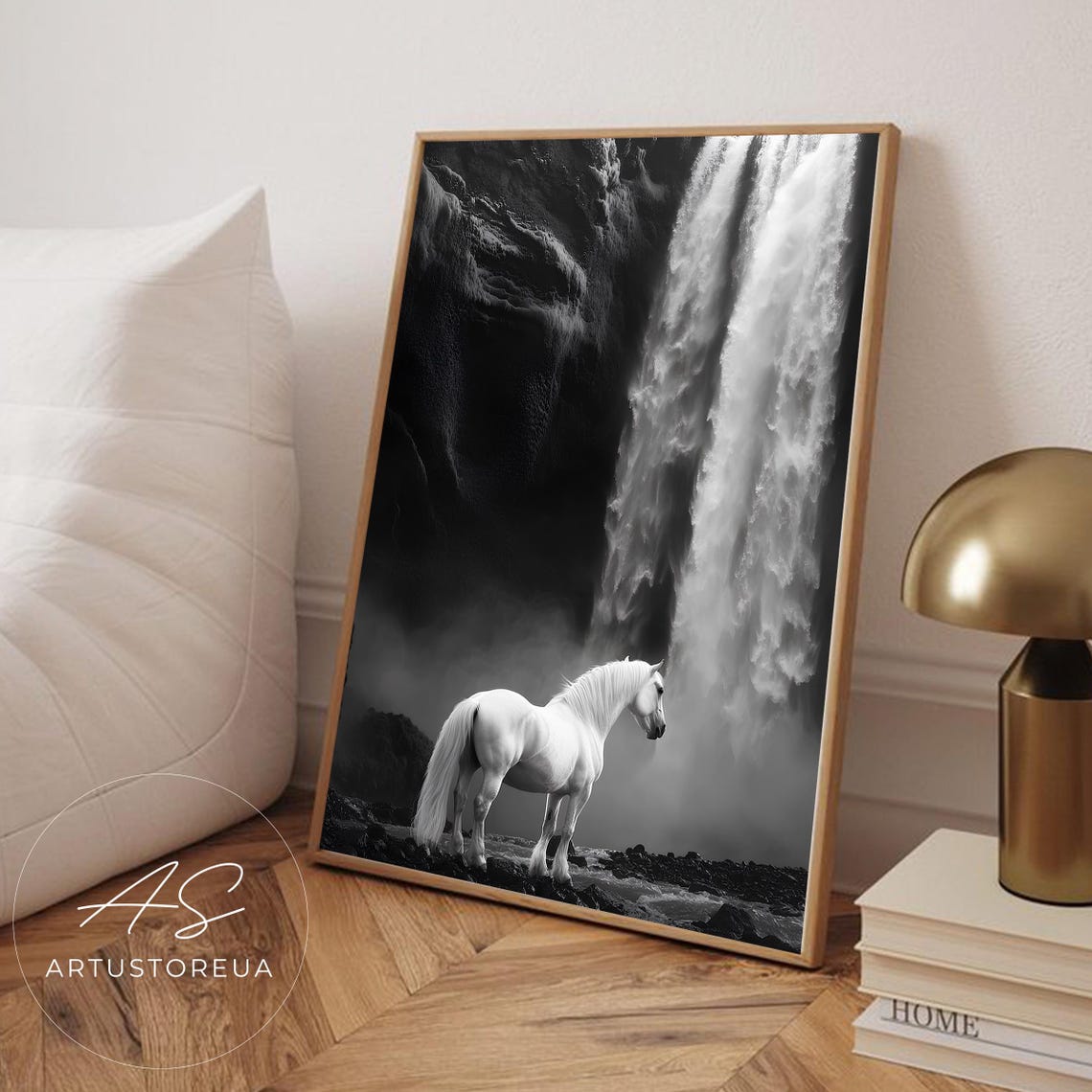 White Horse Before Waterfall Black White Nature Photography Poster