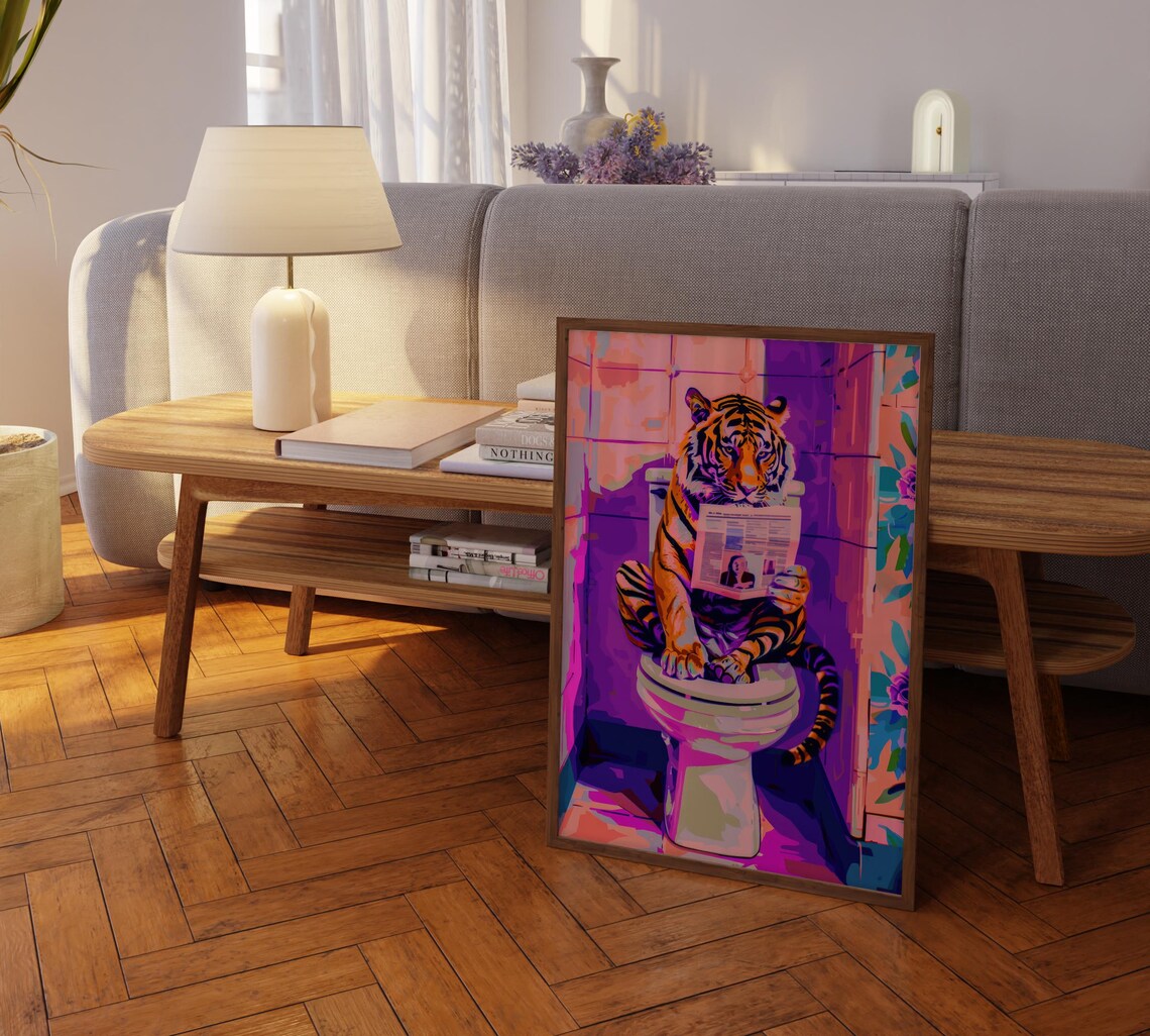 Tiger Reading Newspaper On Toilet Purple Pink Bathroom Funny Poster - Image 2