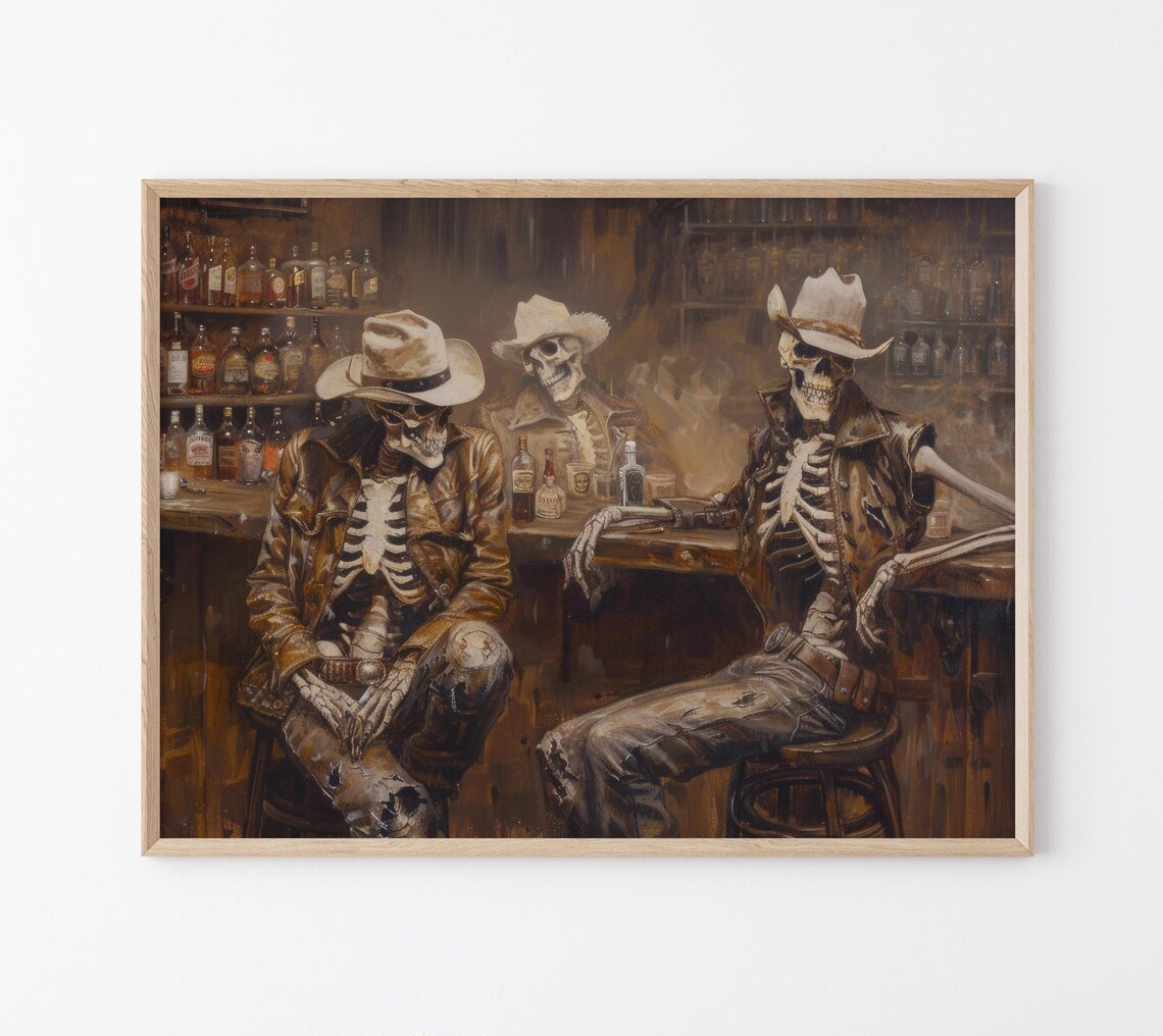 Skeleton Cowboy in a Bar, Southwestern Art Print