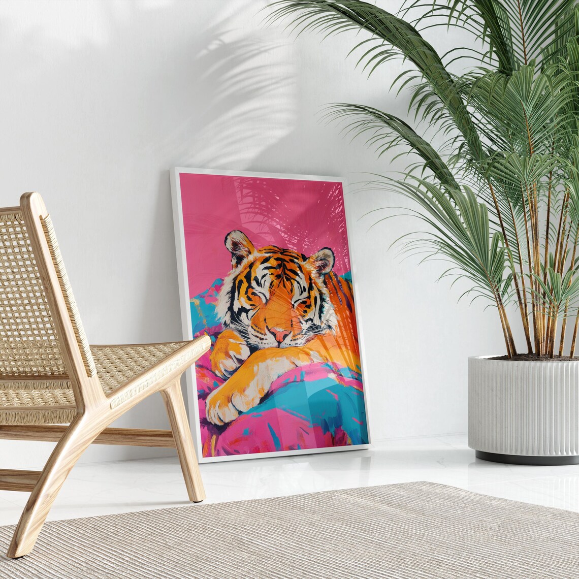 Sleeping Tiger Crossed Paws Pink Teal Blanket Maximalist Poster - Image 3