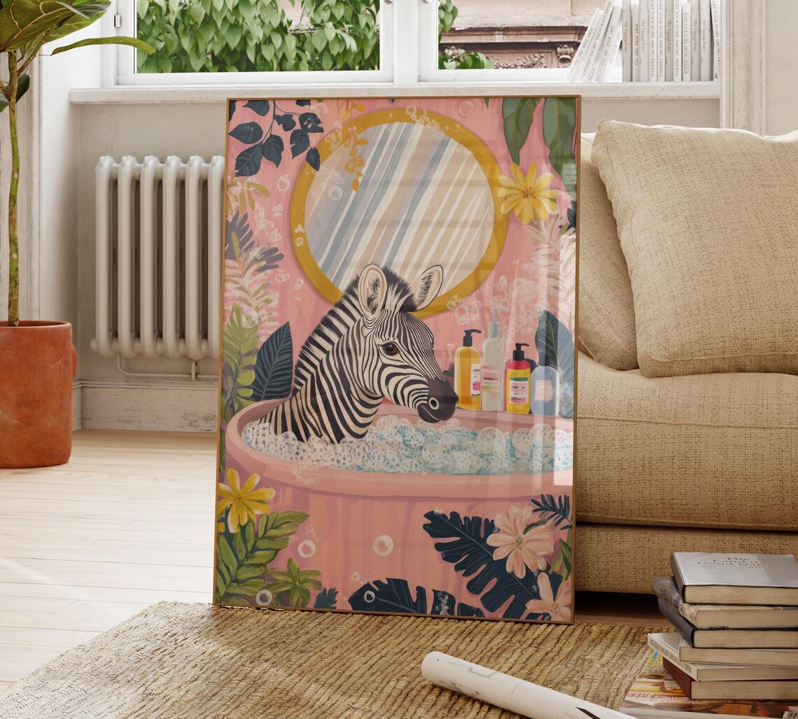 Zebra Relaxing in a Pink Bathtub With a Round Mirror Bathroom Poster - Image 4